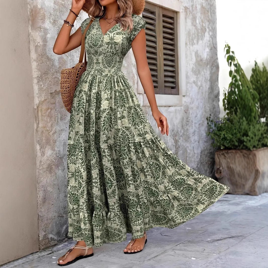 Women's V-Neck Puff Sleeve High Waist Maxi Dress with Flowing Hem