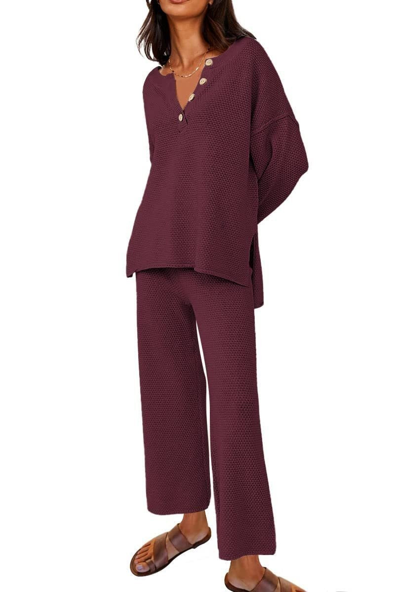 Sarah Express Women's Two-Piece Leisure Set Long Sleeve Top and Pants Casual Suit Wine Red