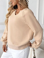 Sarah Express Women's Lace Detail Notched Long Sleeve Sweatshirt - Oversized Casual Pullover