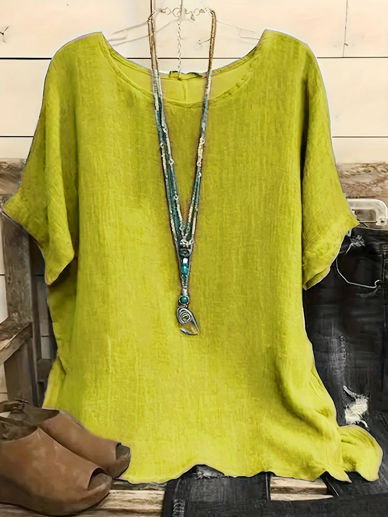 Women's Cotton Blend Round Neck Blouse 3/4 Sleeve Loose Fit Top