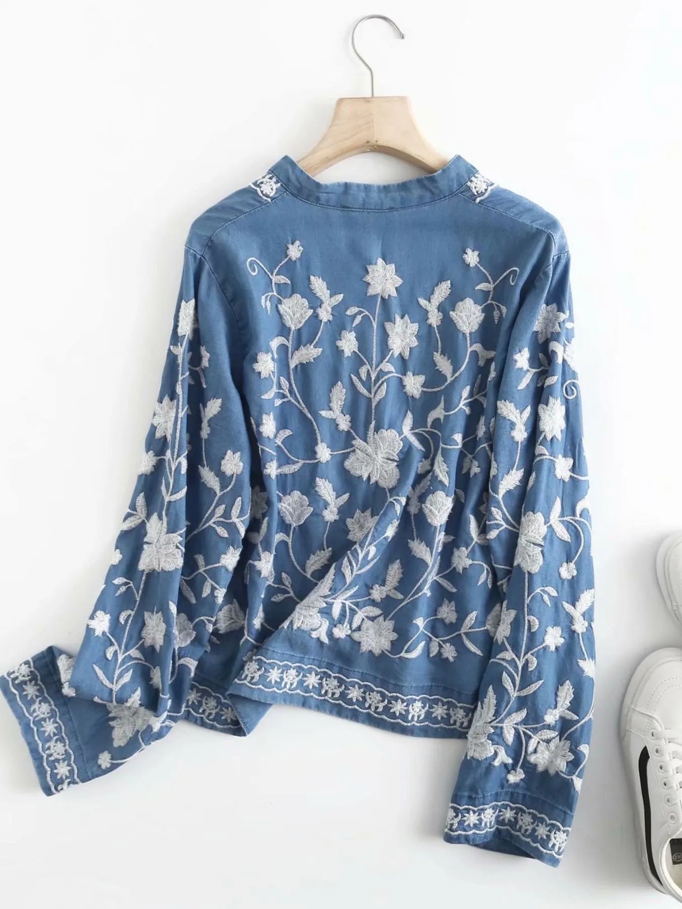 Sarah Express Women's Floral Embroidered Button Up Denim Shirt