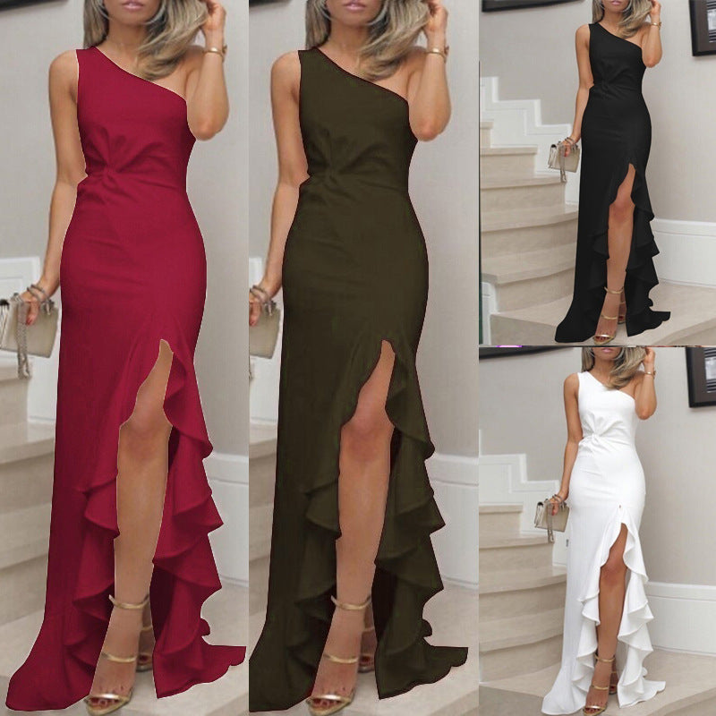Off-Shoulder Ruffled Maxi Evening Dress with Slit
