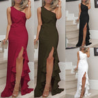 Off-Shoulder Ruffled Maxi Evening Dress with Slit