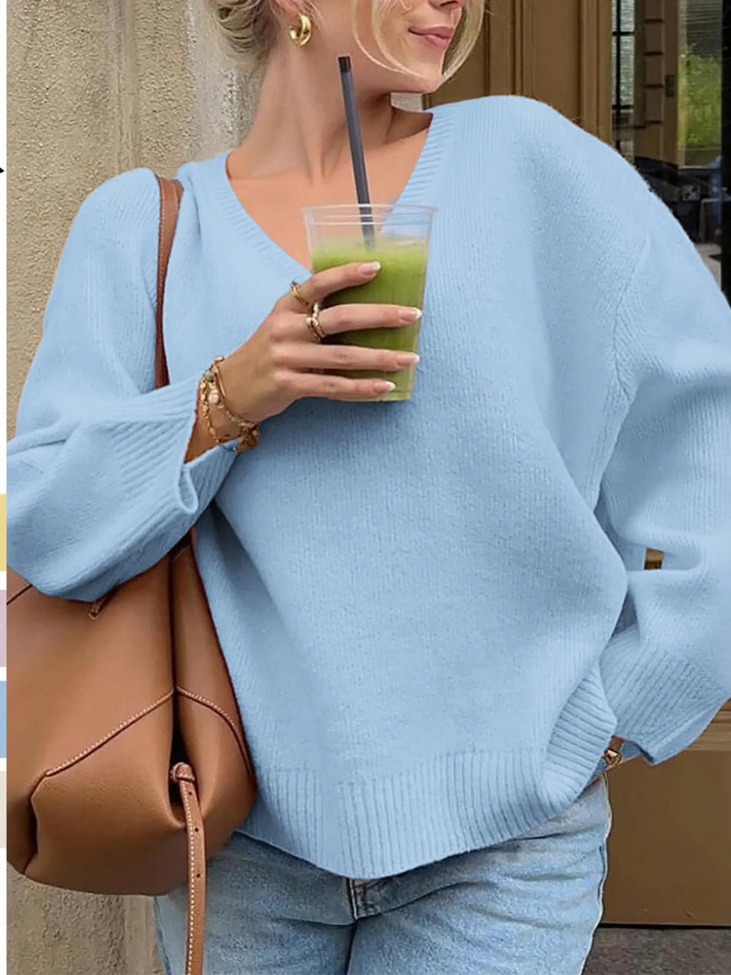 Sarah Express Women's V-Neck Long Sleeve Sweater - Oversized Ribbed Knit Pullover