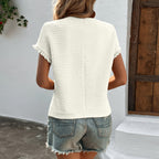 Women's Ruffle Sleeve Knit Top Round Neck Short Sleeve