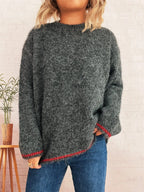 Sarah Express Women's Contrast Trim Round Neck Cozy Sweater