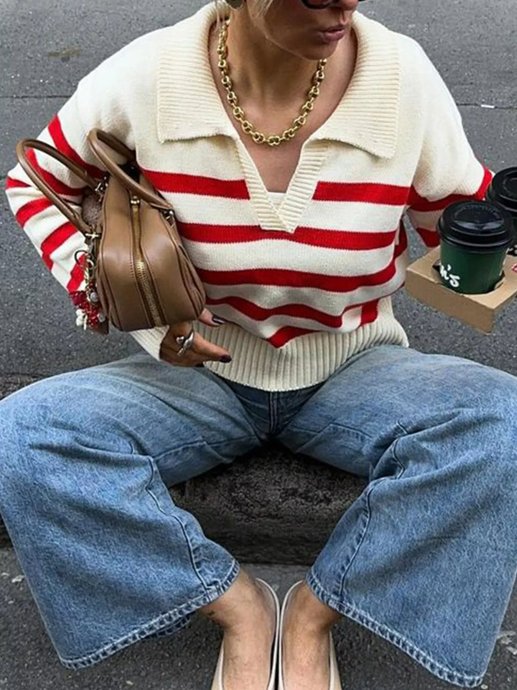 Sarah Express Women's Striped Knit Polo Collar Sweater Red