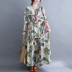 Women's Plus Size Printed Maxi Dress Long Sleeve Cotton Blend Literary Sweet Style