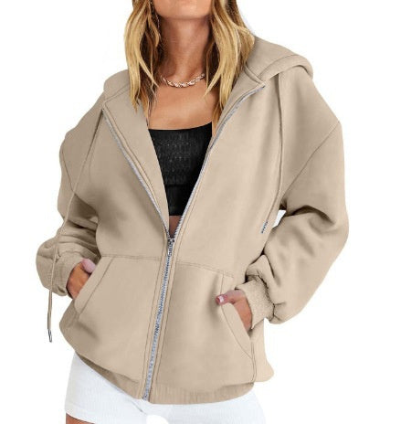 Women's Zip Up Hoodie Solid Color Drawstring Sweatshirt Casual Long Sleeve Fall Winter Top