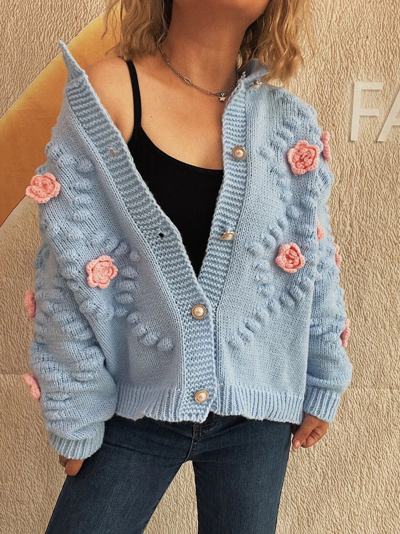 Sarah Express Women's Flower Button Up Long Sleeve Cardigan Blue One Size