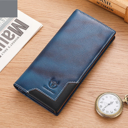 Sarah Express Captain Niu Oil-Waxed Genuine Leather Retro Bifold Wallet – Large Capacity Men's Wallet Flame Blue