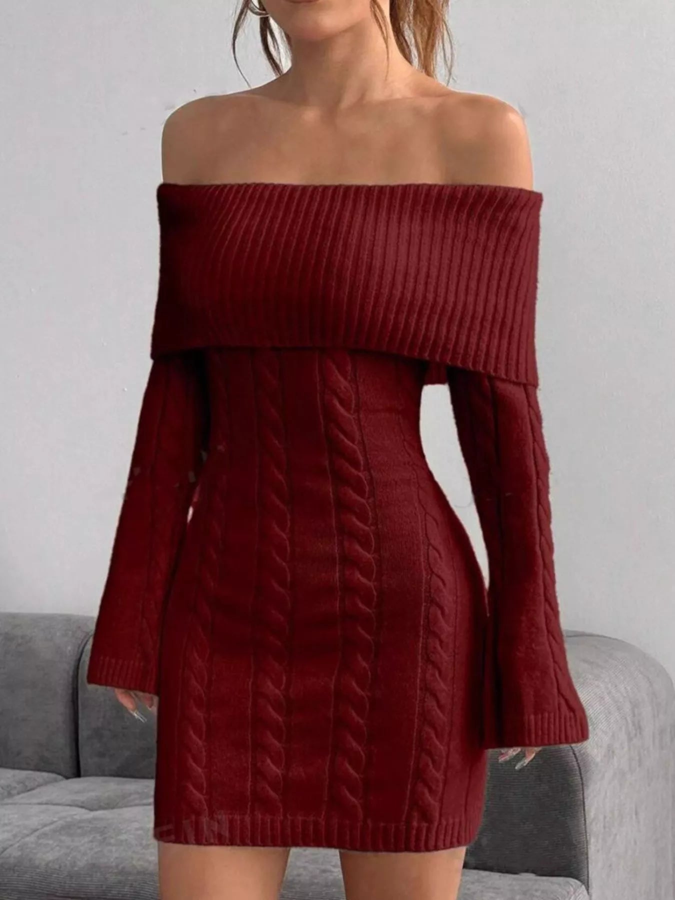 Sarah Express Women's Off-Shoulder Cable Knit Bodycon Sweater Dress Wine Red