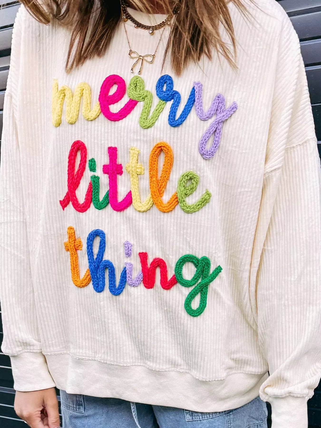 Sarah Express Women's Merry Little Thing Corded Letter Graphic Ribbed Sweatshirt