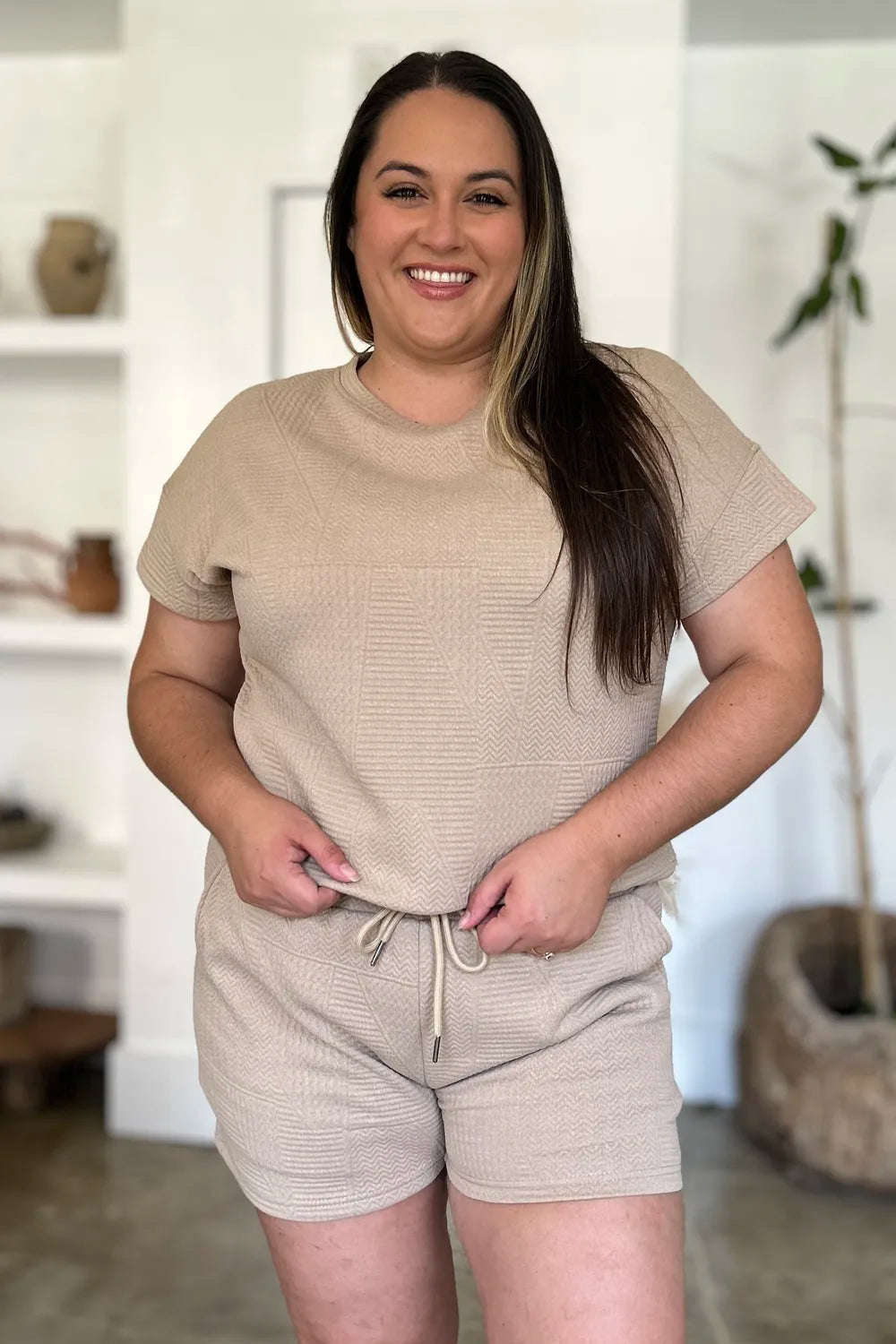 Sarah Express Women’s Plus Size Textured Top and Shorts Lounge Set
