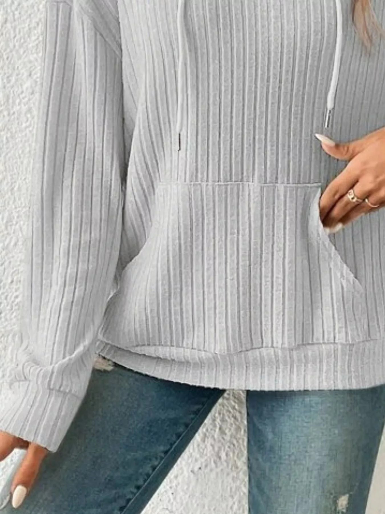 Sarah Express Women's Ribbed Knit Long Sleeve Drawstring Hoodie