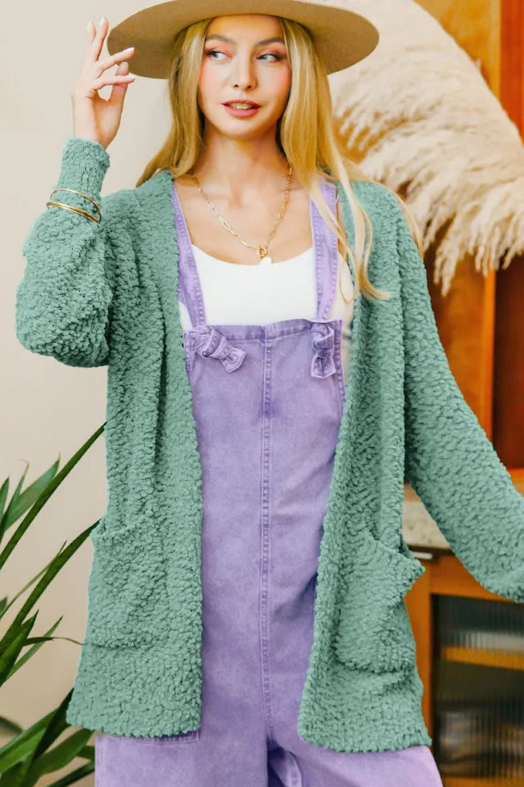  Long Sleeve Popcorn Sweater Cardigan with Pockets