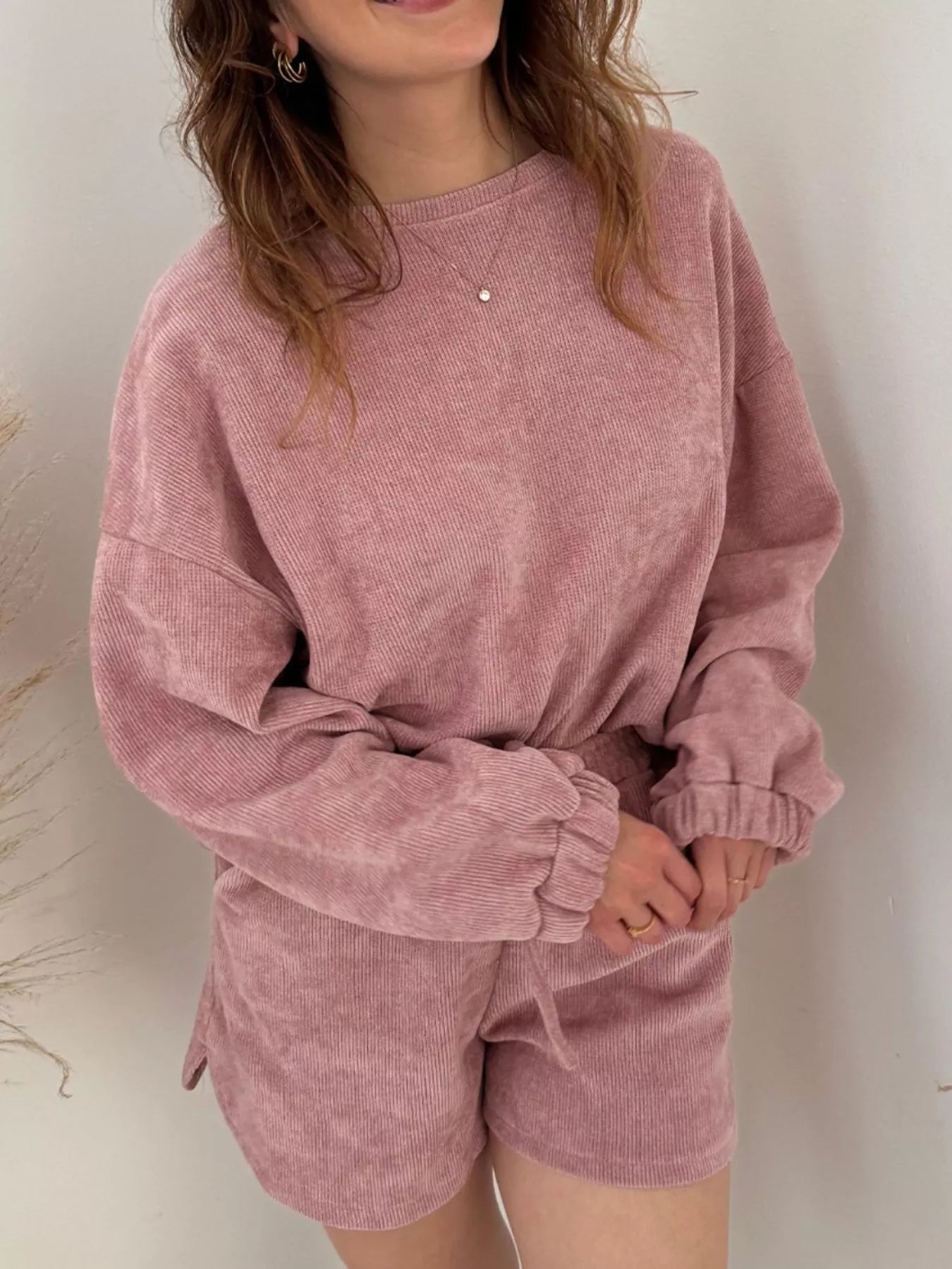 Sarah Express Women's Round Neck Dropped Shoulder Top and Drawstring Shorts Set