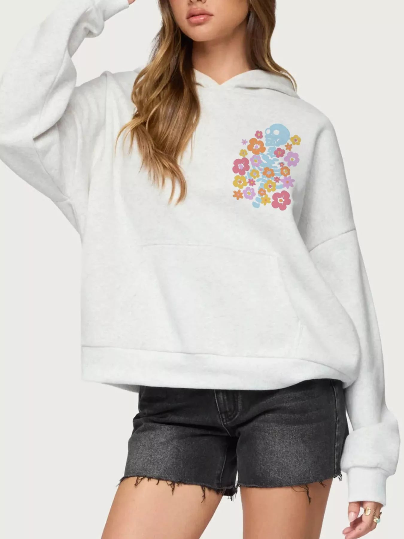 Sarah Express Women's Drop Shoulder Graphic Hoodie with Kangaroo Pocket Flower
