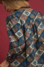 Abstract Print Ruffle Neck Top