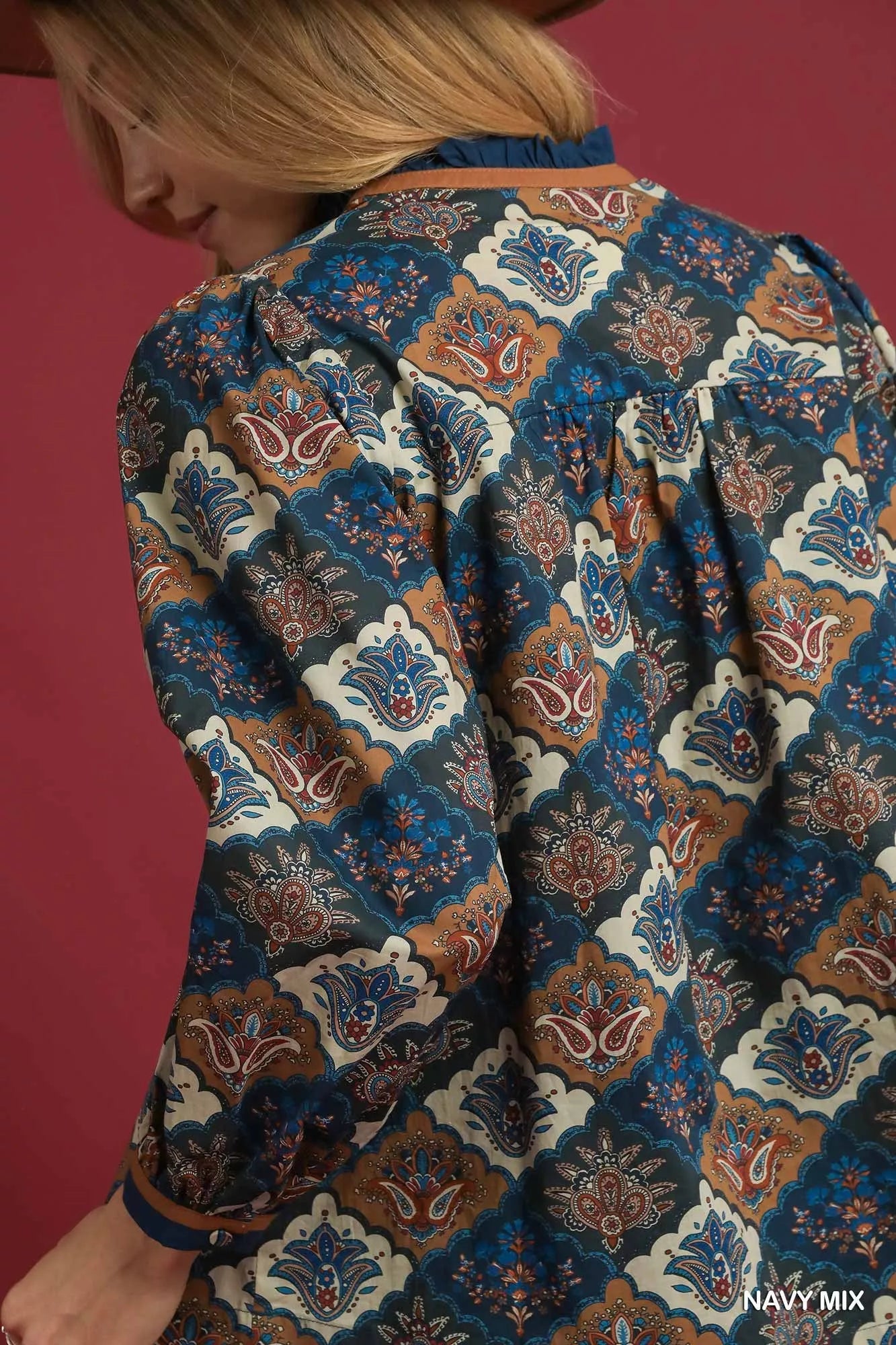 Abstract Print Ruffle Neck Top