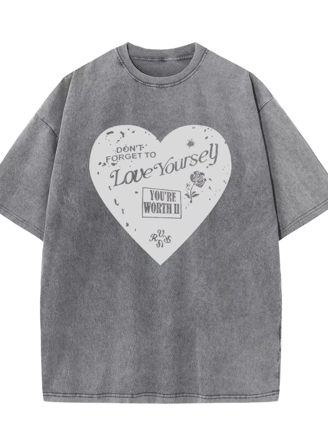 Sarah Express Women's Heart Round Neck Short Sleeve T-Shirt - Oversized Washed Cotton Tee Grey