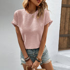 Women's Ruffle Sleeve Knit Top Round Neck Short Sleeve