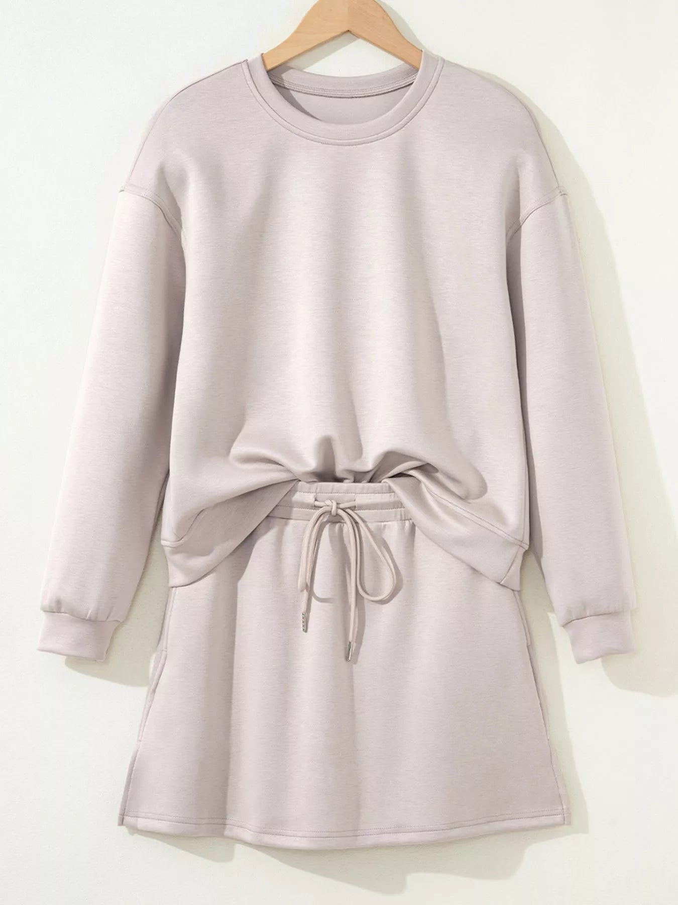 Sarah Express Women's Solid Color Drop Shoulder Pullover and Drawstring Mini Skirt 2pcs Outfit