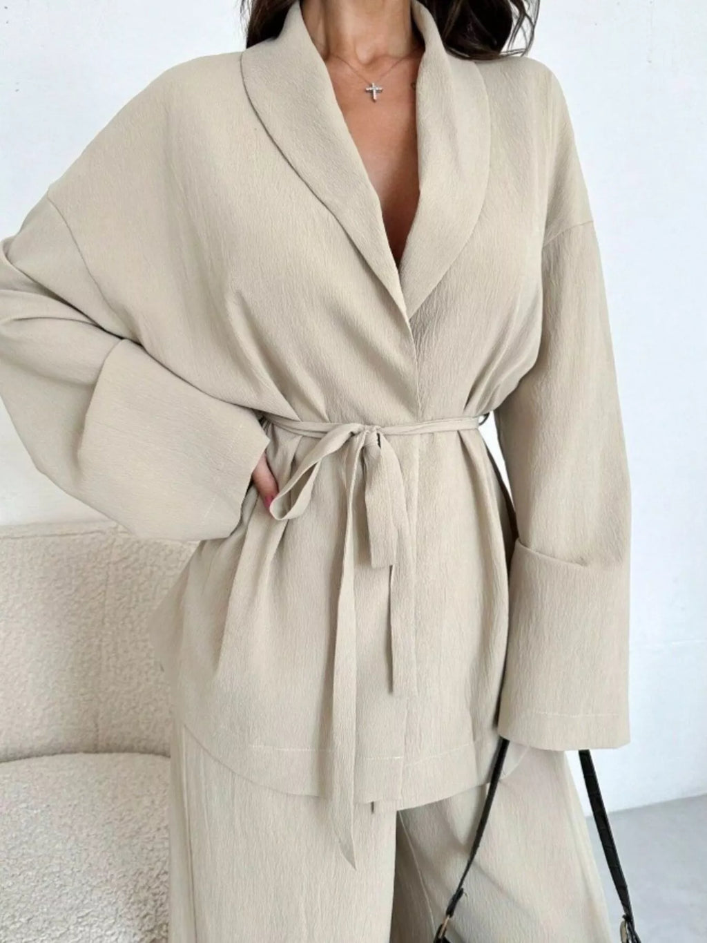 Sarah Express Women's Front Tied Shirt and Wide-Leg Pants Set