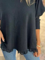 Sarah Express Women's Round Neck Long Sleeve Knit Top with Lace Trim Plus Size