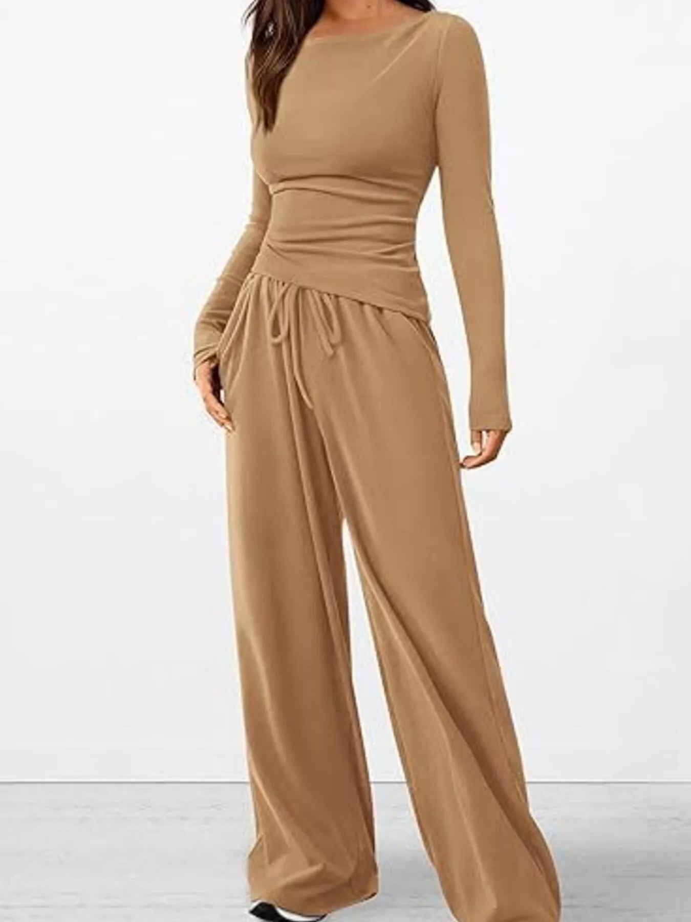 Sarah Express Women's Long Sleeve Top and Wide Leg Pants Set - Two Piece Outfit Khaki