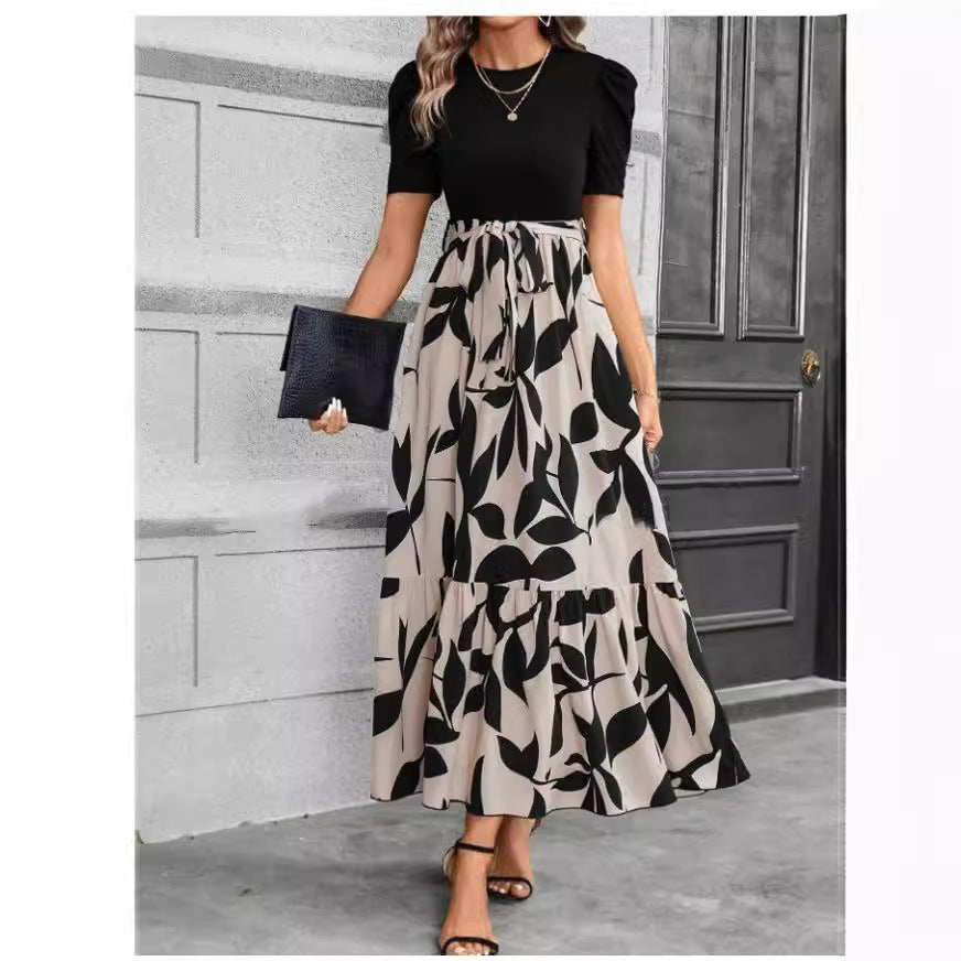 Women's Floral Print Maxi Dress Round Neck Short Sleeve A-Line Vacation