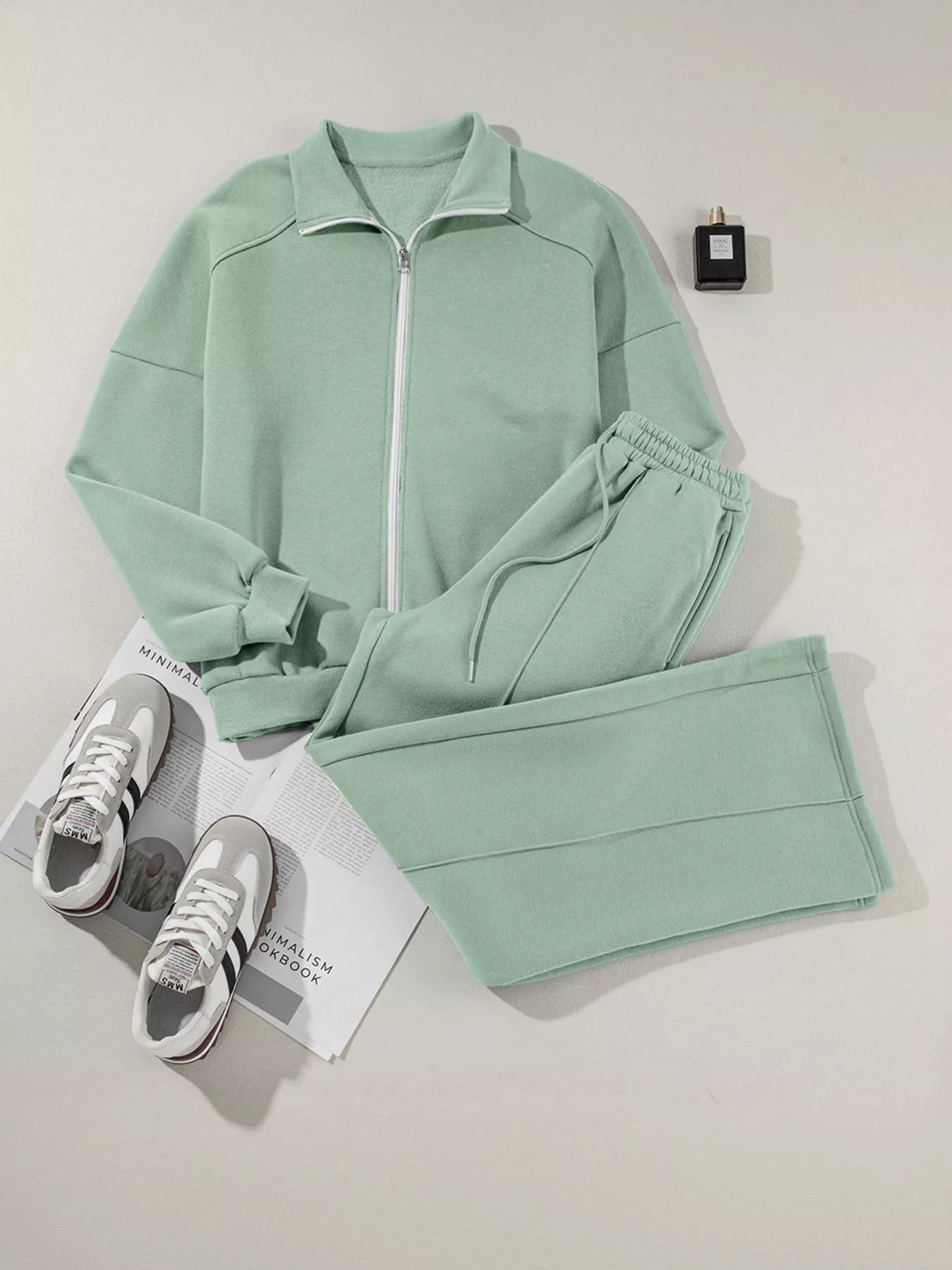 Sarah Express Women's Drop Shoulder Zip Up Jacket and Drawstring Pants Active 2pcs Set