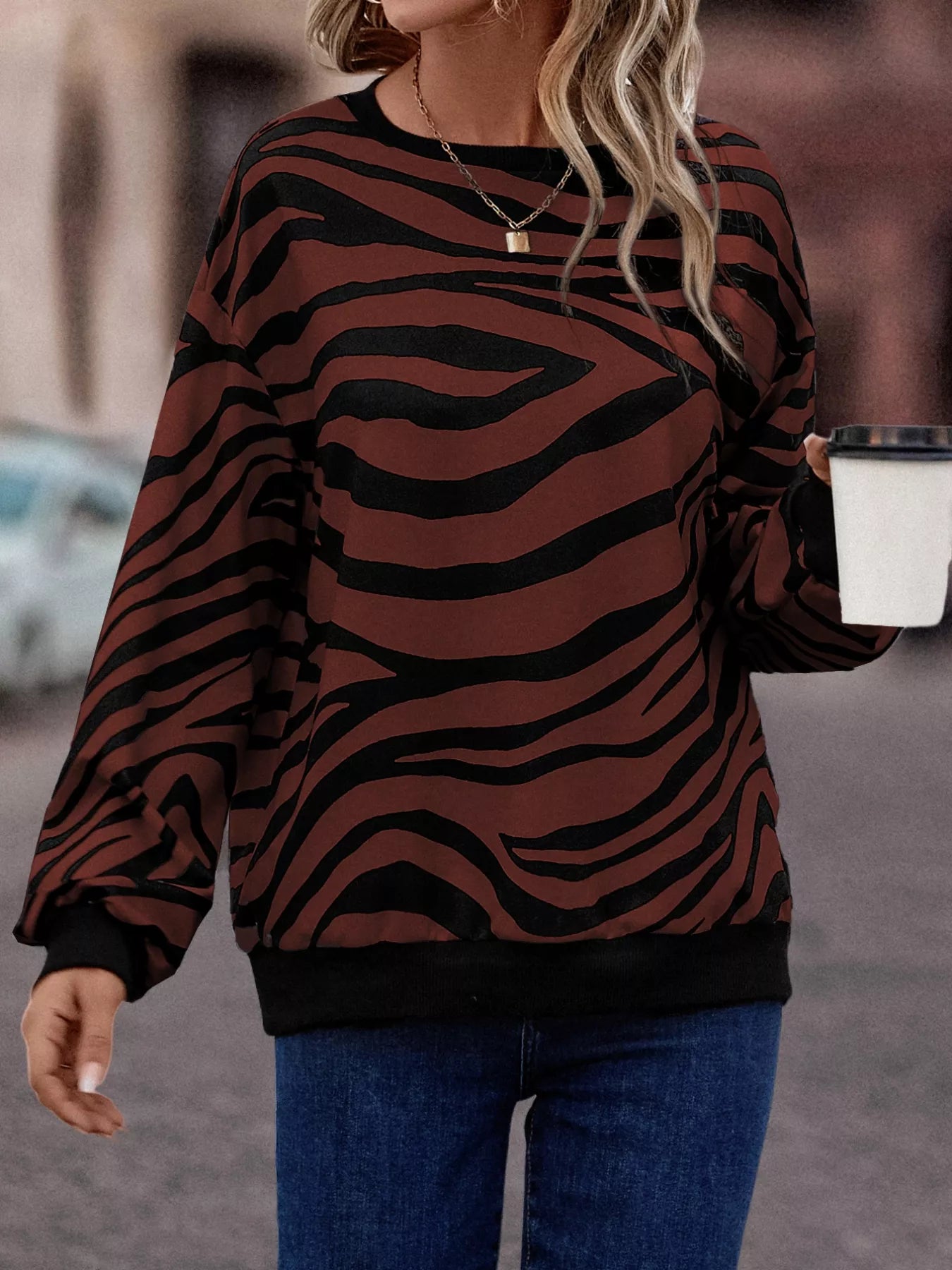 Sarah Express Women's Zebra Print Round Neck Casual Sweatshirt