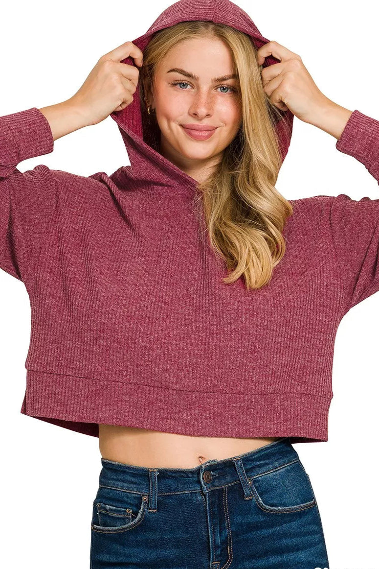 Sarah Express Women’s Ribbed Drop Shoulder Cropped Hoodie Casual
