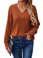 Sarah Express Women's Ribbed V-Neck Long Sleeve Top