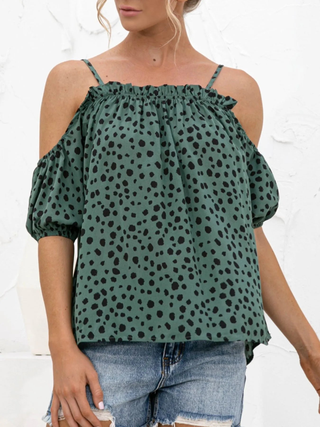 Sarah Express Women's Puff Sleeve Polka Dot Ruffle Cami Top Dark Green