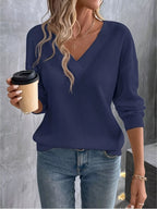 Sarah Express Women's Plus Size V-Neck Long Sleeve Waffle Knit T-Shirt