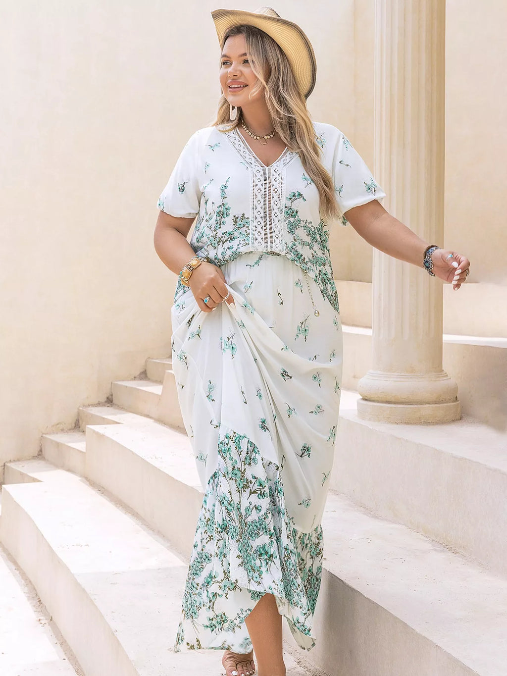 Sarah Express Women's Plus Size Printed Lace Detail Short Sleeve Top and Skirt Set