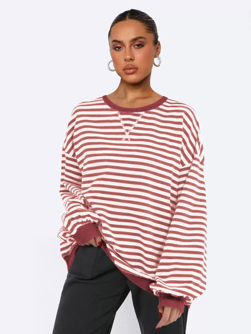 Sarah Express Women's Striped Round Neck Long Sleeve Sweatshirt