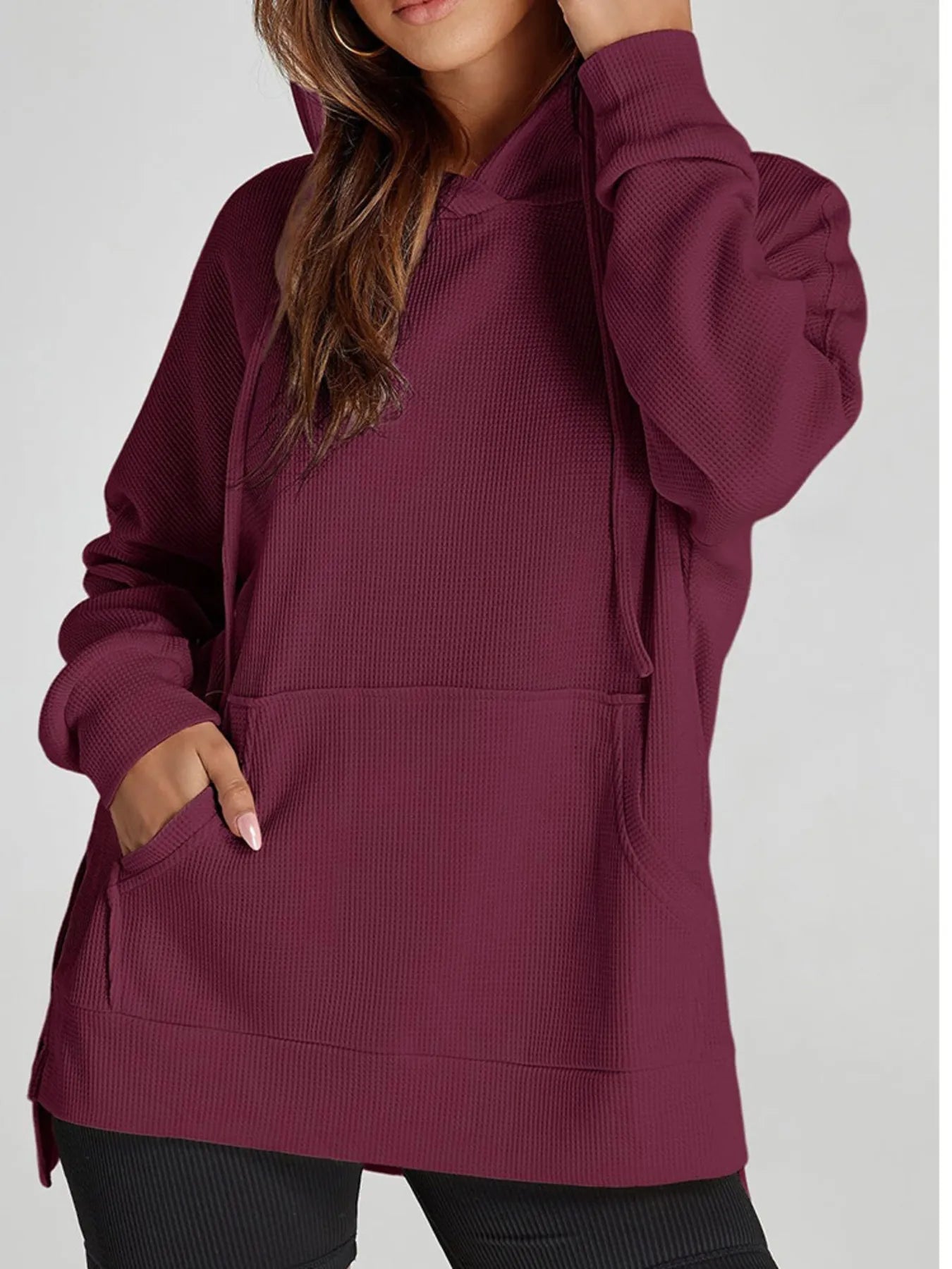 Sarah Express Women's Slit Drawstring Waffle Knit Hoodie Burgundy