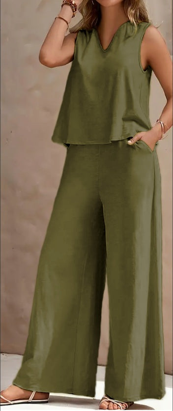 V Neck Tank Top Wide Leg Pants Set with Pockets Sleeveless 2 Piece