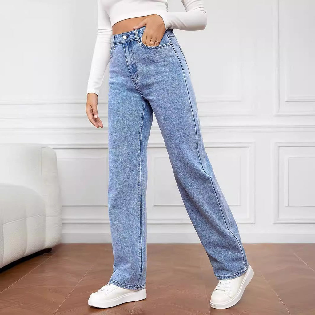 Sarah Express Women's Mid-Waist Straight Leg Jeans - Washed Cotton Denim S-5XL Available in 9 Colors