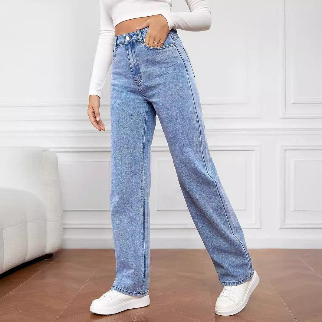 Women's Mid-Waist Straight Leg Jeans - Washed Cotton Denim S-5XL Available in 9 Colors