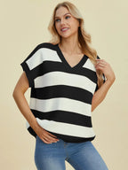 Sarah Express Women's Striped V-Neck Short Sleeve Sweater
