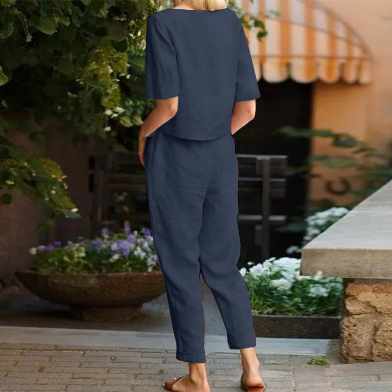 Women's Cotton Linen Top and Wide-Leg Pants Two-Piece Casual Set