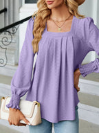 Sarah Express Women's Pleated Square Neck Long Sleeve Top