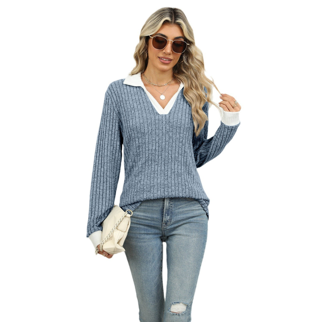 Women's Lapel Long Sleeve Loose Fit Top Rayon Pullover