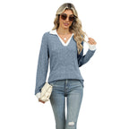 Women's Lapel Long Sleeve Loose Fit Top Rayon Pullover