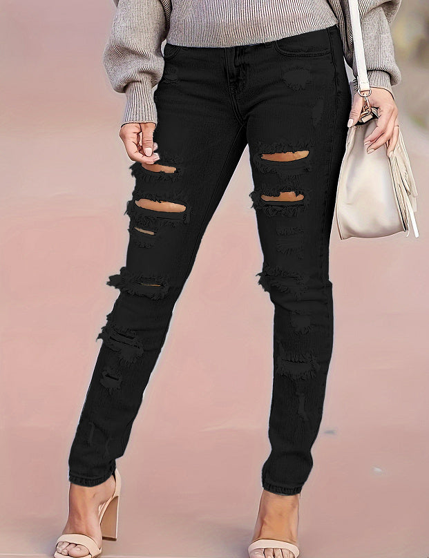 Women's Distressed Skinny Pants Mid Waist Cotton Ripped Denim Trousers Street Style