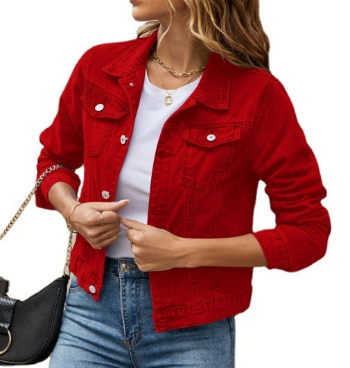 Women's Denim Jacket Slim Fit Lapel Long Sleeve Cotton Fall Spring Casual Work Outerwear
